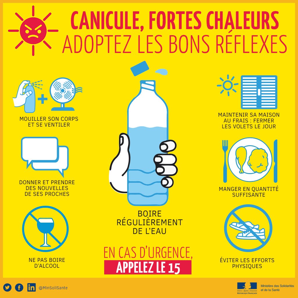 Canicule Pensez à boire régulièrement de l'eau durant cette période de  forte chaleur. #Lesbonsréflexes https://t.co/oXEFIKXUxM