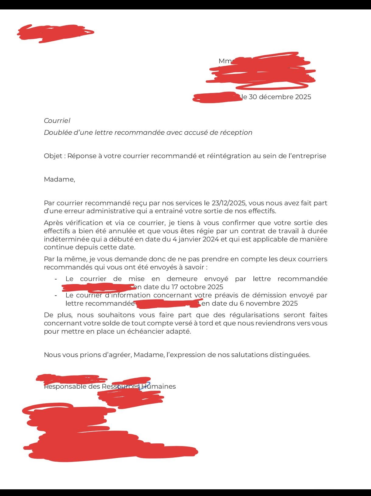 Mon employeur a t il le droit de me réintégrer sans mon accord après s'être  rendu compte de leur erreur ? : r/conseiljuridique