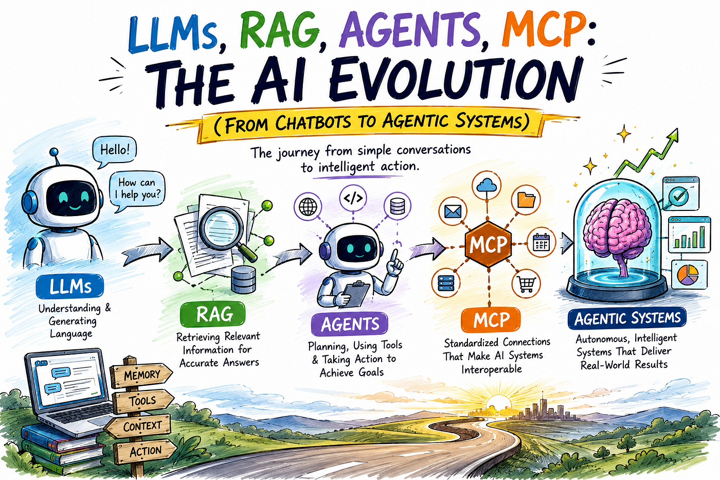 LLMs, RAG, Agents, MCP: The AI Evolution You Must Know (A Visual  Explanation) | by Divy Yadav | May, 2026 | Towards AI