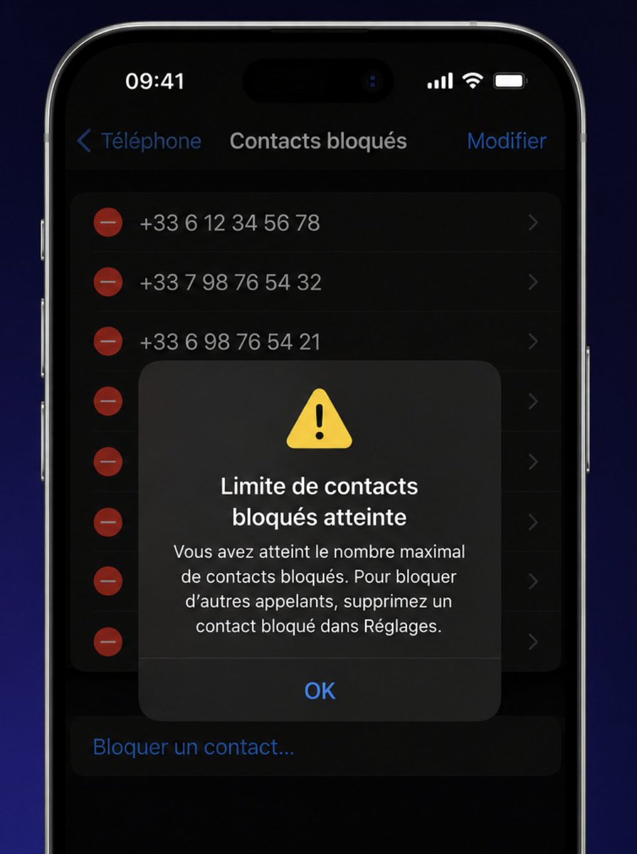 📱🚫 iOS 26.6 : une alerte lorsque vous aurez atteint la limite de contacts  bloqués. Apple ne précise toujours pas officiellement cette limite, mais iOS  26.6 expliquera désormais plus clairement pourquoi vous