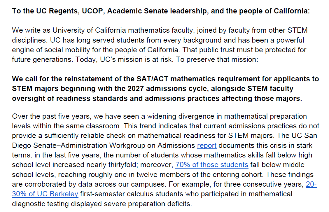 Current admissions practices do not provide a sufficiently reliable check  on mathematical readiness for STEM majors." Over 280 University of California  STEM faculty have signed an open letter calling on the Board