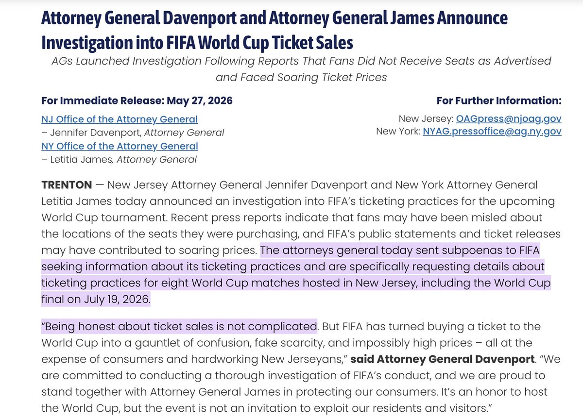 NEW: New York & New Jersey attorneys general have launched an investigation  into FIFA World Cup ticket sales. AGs sent subpoenas to FIFA today. NJ AG: " FIFA has turned buying a ticket