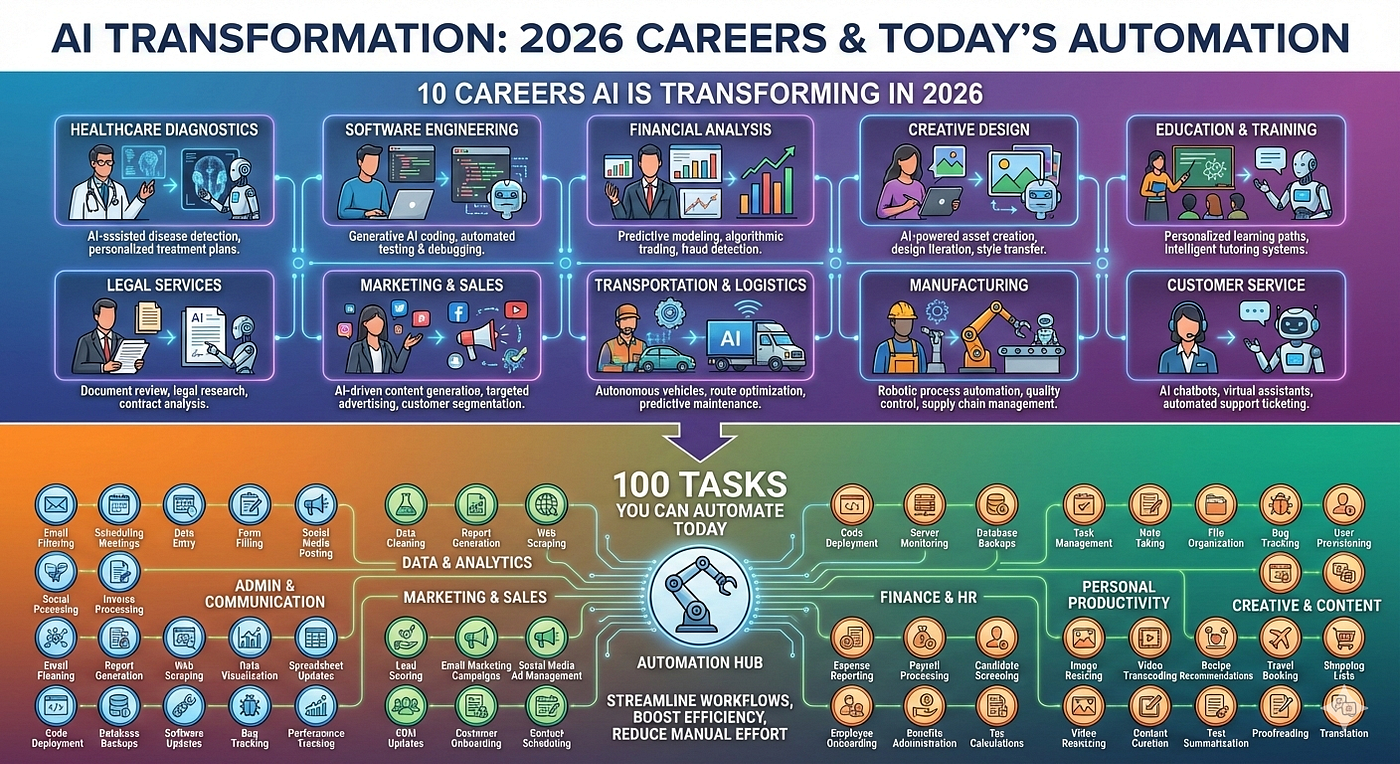 10 Careers AI Is Transforming in 2026 And 100 Tasks You Can Automate Today  | by Sarah Morino | Artificial Intelligence in Plain English
