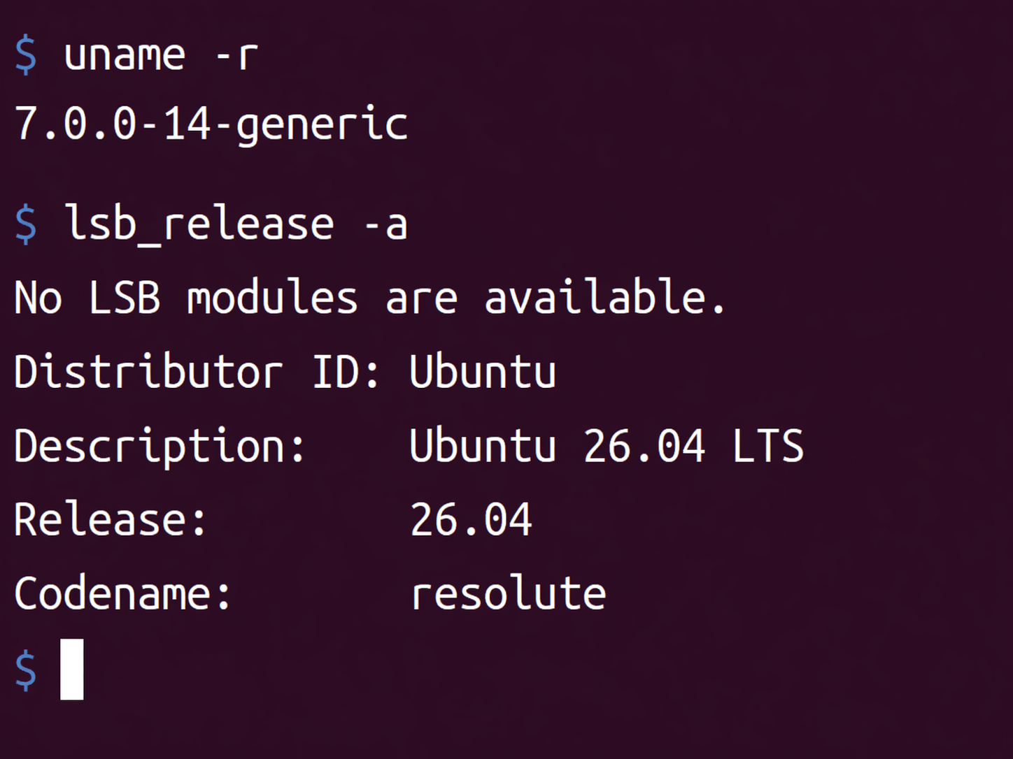 Le noyau 7.0.0-14-générique semble être le candidat actuel pour Ubuntu  26.04, puisque le tag 'branche de développement' n'est plus affiché dans  lsb_release : r/Ubuntu