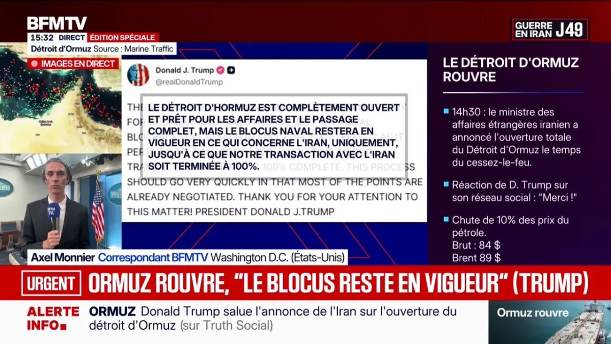 Réouverture du détroit d'Ormuz: Donald Trump indique que "le blocus naval  restera en vigueur" jusqu'à la fin des négociations avec l'Iran