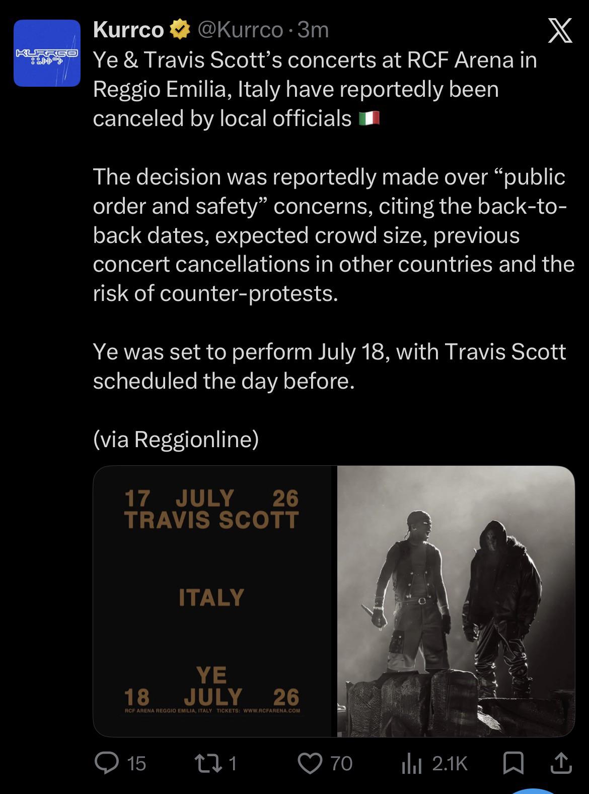 Le concert de Ye et Travis en Italie a apparemment été annulé : r/Kanye