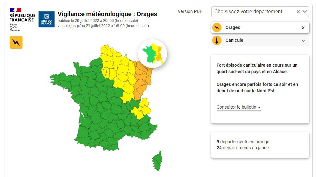 Orages et canicule : 21 départements de l'est de la France placés en  vigilance orange