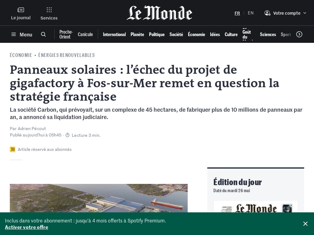 Panneaux solaires : l'échec du projet de gigafactory à Fos-sur-Mer remet en  question la stratégie française La société Carbon, qui prévoyait, sur un  complexe de 45 hectares, de fabriquer plus de 10 M