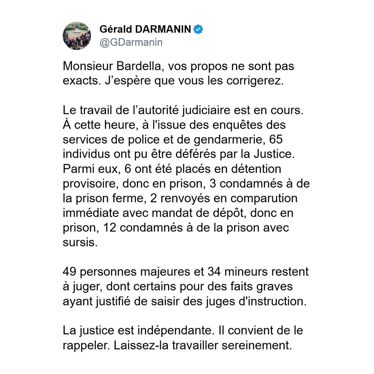 🚨🇫🇷 FLASH | « La justice est indépendante. Laissez-la travailler  sereinement » : Gérald Darmanin répond à Jordan Bardella sur les violences  urbaines.