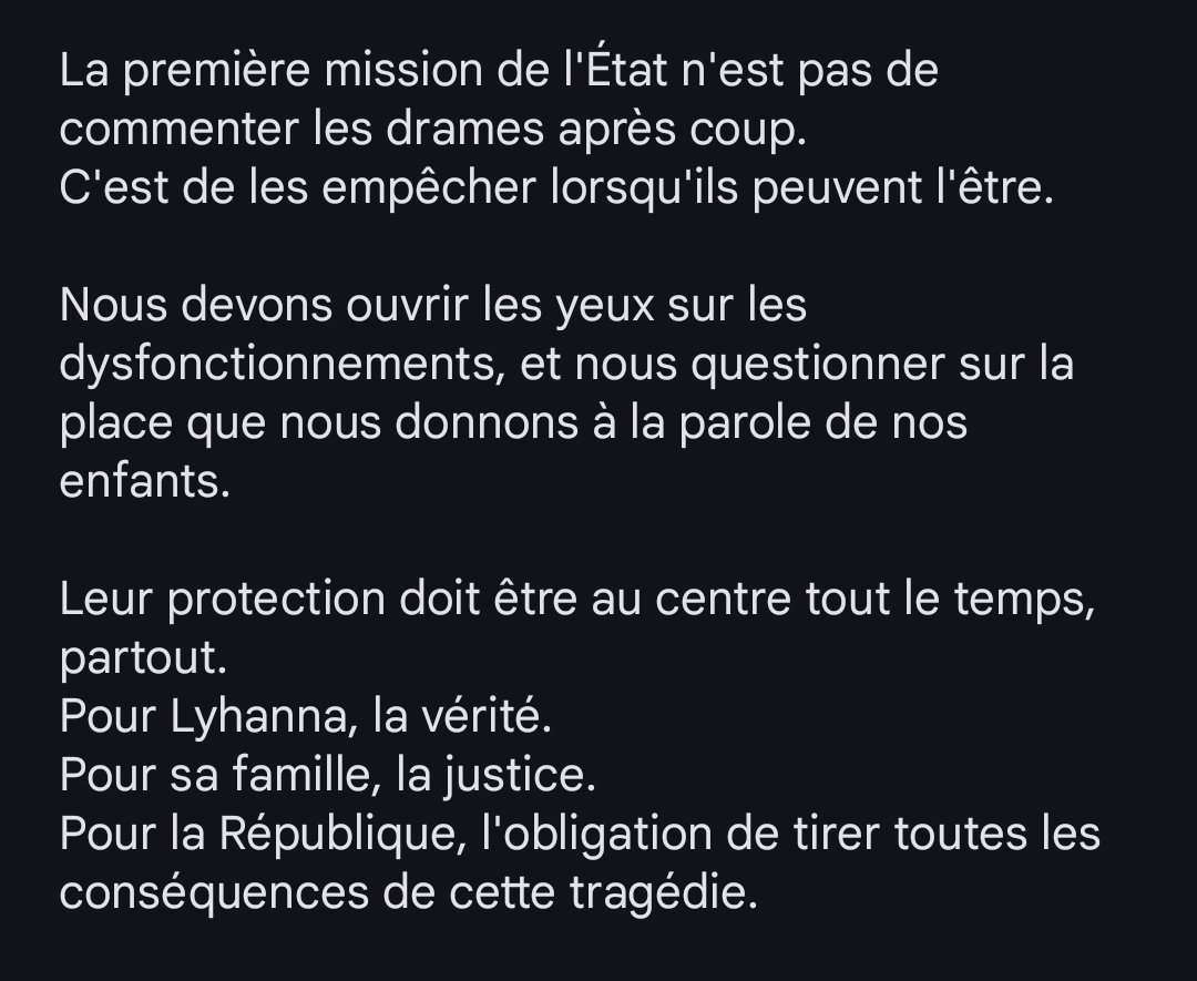 Mes pensées vont à la famille de Lyhanna, ainsi qu'à ses proches.