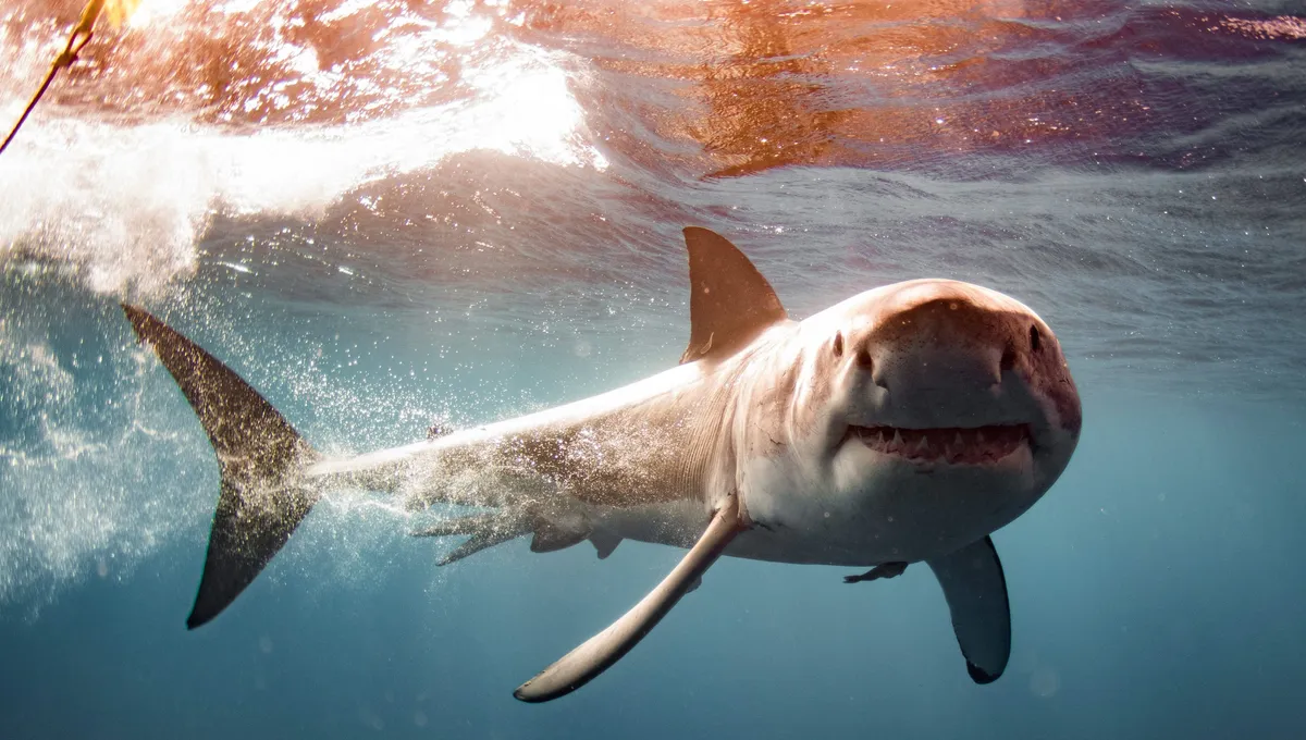 Un grand requin blanc, d'environ 4 mètres filmé au large des îles de  Porquerolles et de Port-Cros dans le Var - ICI