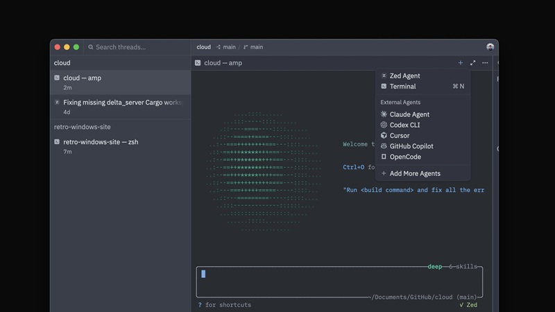 L'éditeur de code Zed intègre la fonctionnalité « Terminal Threads » permettant  d'exécuter des workflows de terminal parallèlement aux agents et aux threads  ACP, tels que Claude Code, Amp et OpenAI Codex
