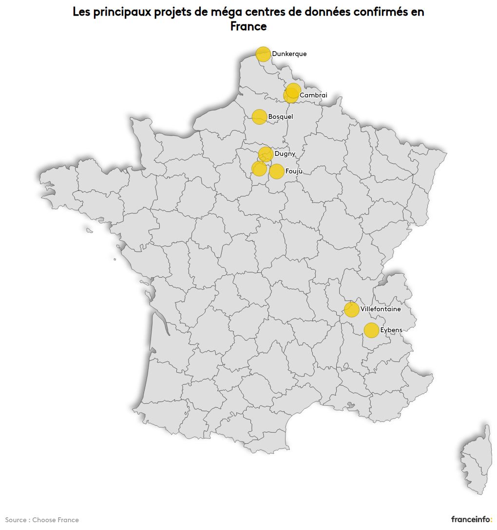 CARTE. Un data center près de chez vous ? Découvrez où sont situés les  projets de méga centres de données destinés à l'IA en France – franceinfo