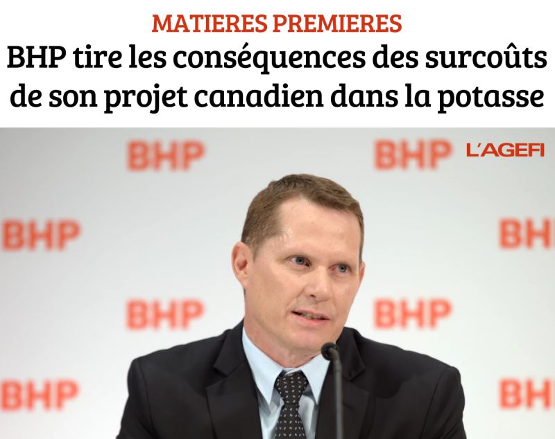 BHP tire les conséquences des surcoûts de son projet canadien dans la  potasse. 👉https://lnkd.in/e3icta4h Le groupe minier australien passera une  dépréciation de 2,3 milliards de dollars sur la… | L'AGEFI