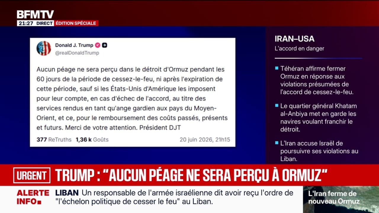 Donald Trump menace d'imposer un péage américain dans le détroit d'Ormuz en  cas d'échec des négociations avec l'Iran