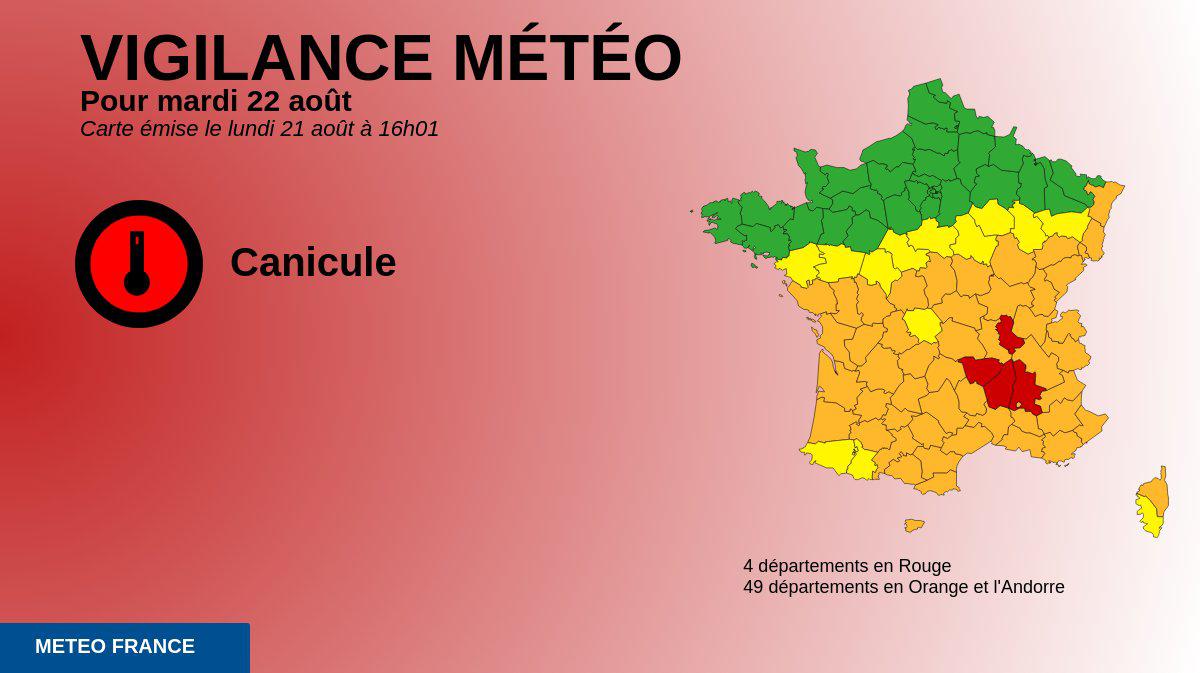 Canicule en France : quatre départements en vigilance rouge dès mardi, 49  départements en vigilance orange