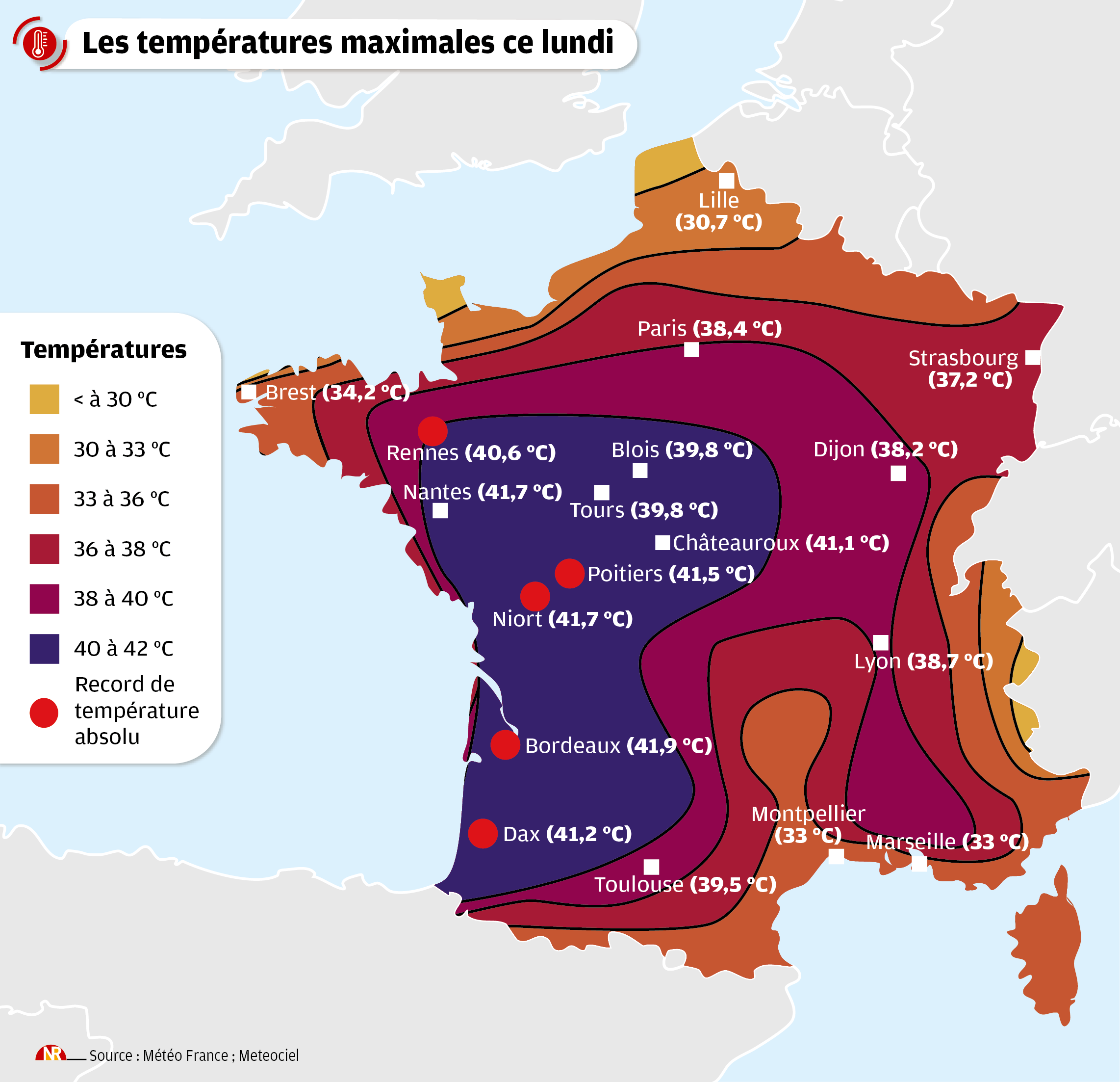 DIRECT. Le Blanc ville la plus chaude de France avec 44,3 °C, 54  départements en vigilance rouge mardi, revivez un lundi de canicule  historique