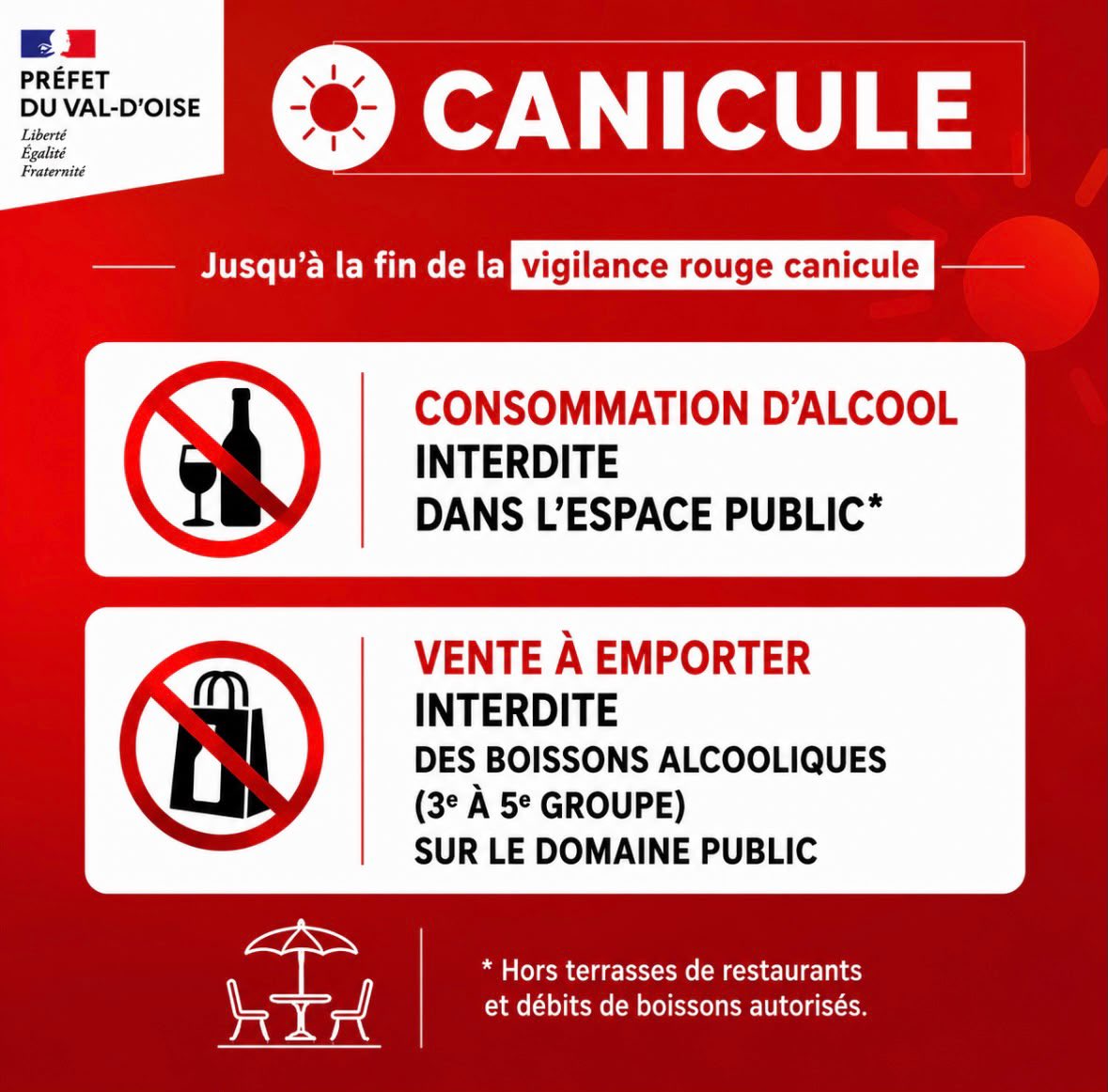 🔴 #Canicule | Face à l'épisode de fortes chaleurs, @prefet95 prend un  arrêté interdisant, jusqu'à la fin de la vigilance rouge canicule : ❌ la  consommation d'alcool dans l'espace public à l'exception