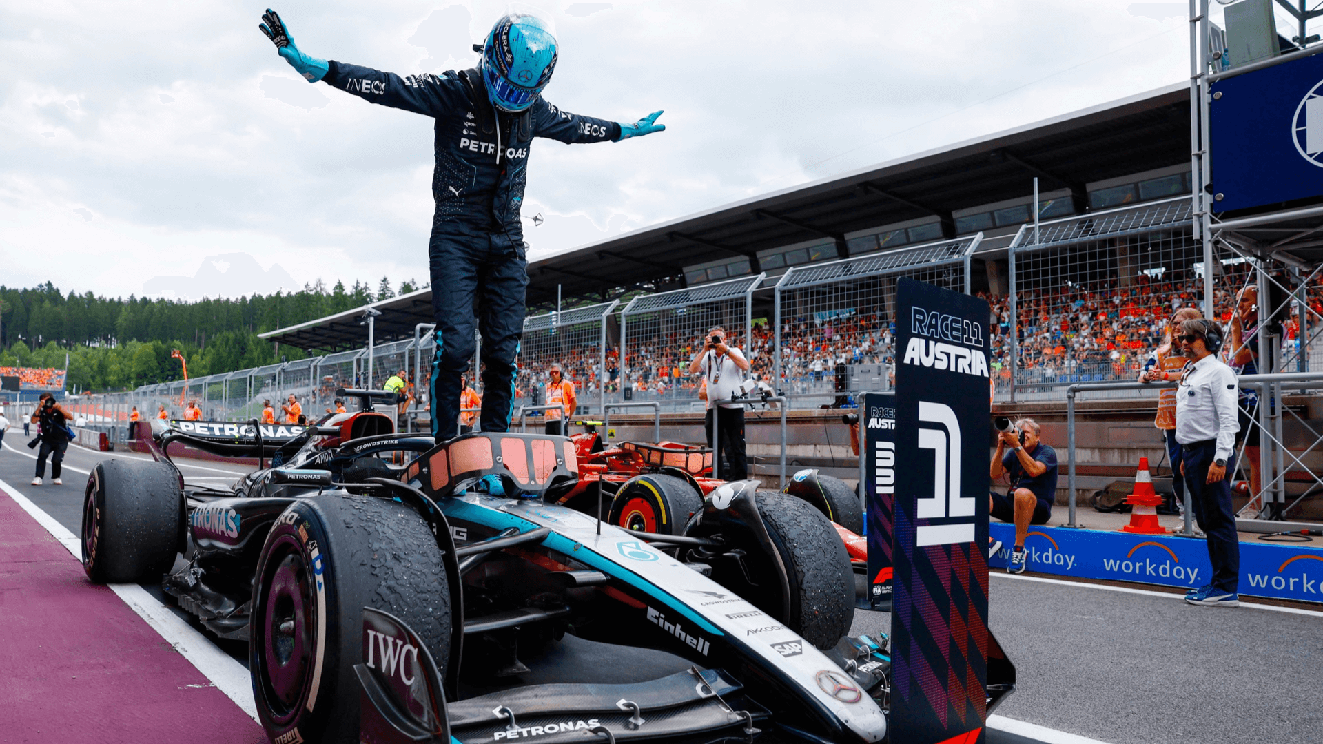 George Russell remporte à la surprise générale le Grand Prix d'Autriche  2024 après un accrochage Verstappen-Norris. | News.GP