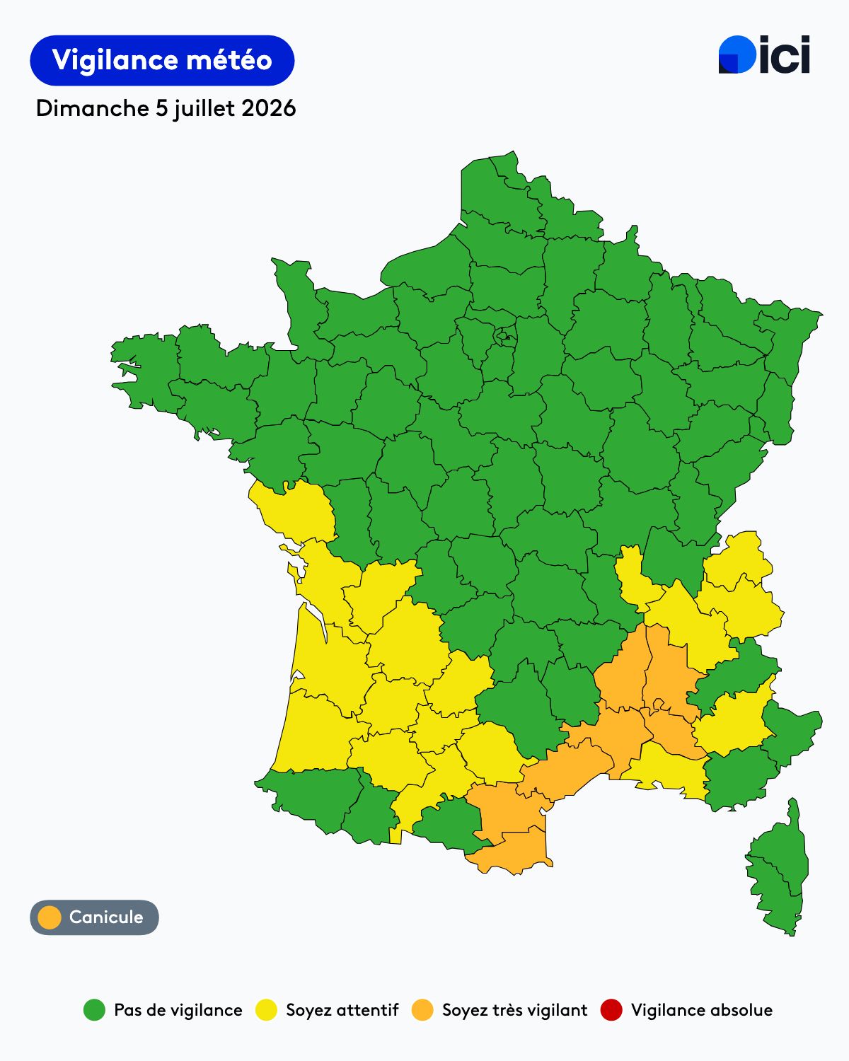 Canicule : sept départements du sud de la France placés en vigilance orange dimanche - ICI