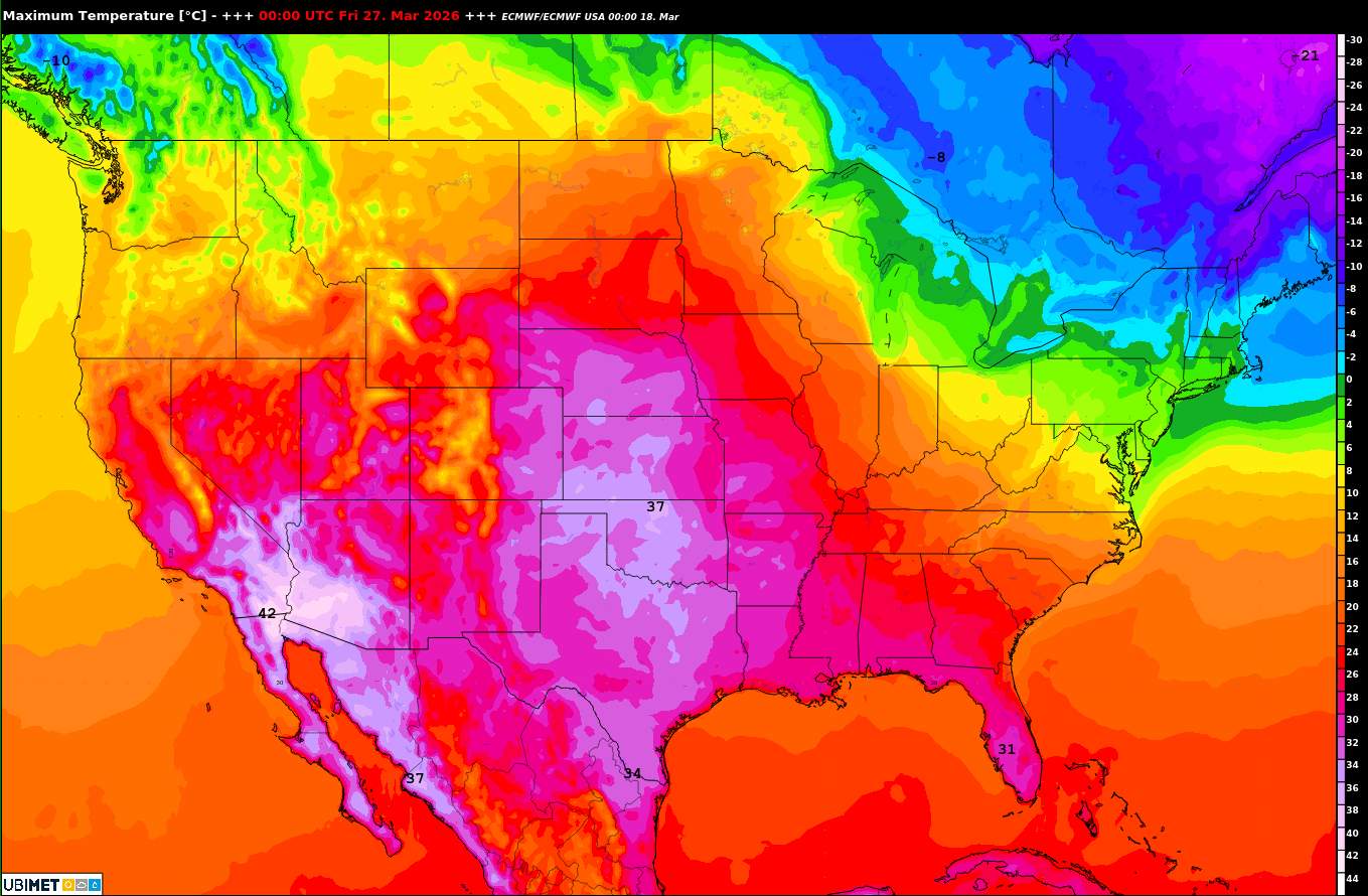 MeteoNews: Vague de chaleur historique ce printemps aux États-Unis (18 mars 2026)