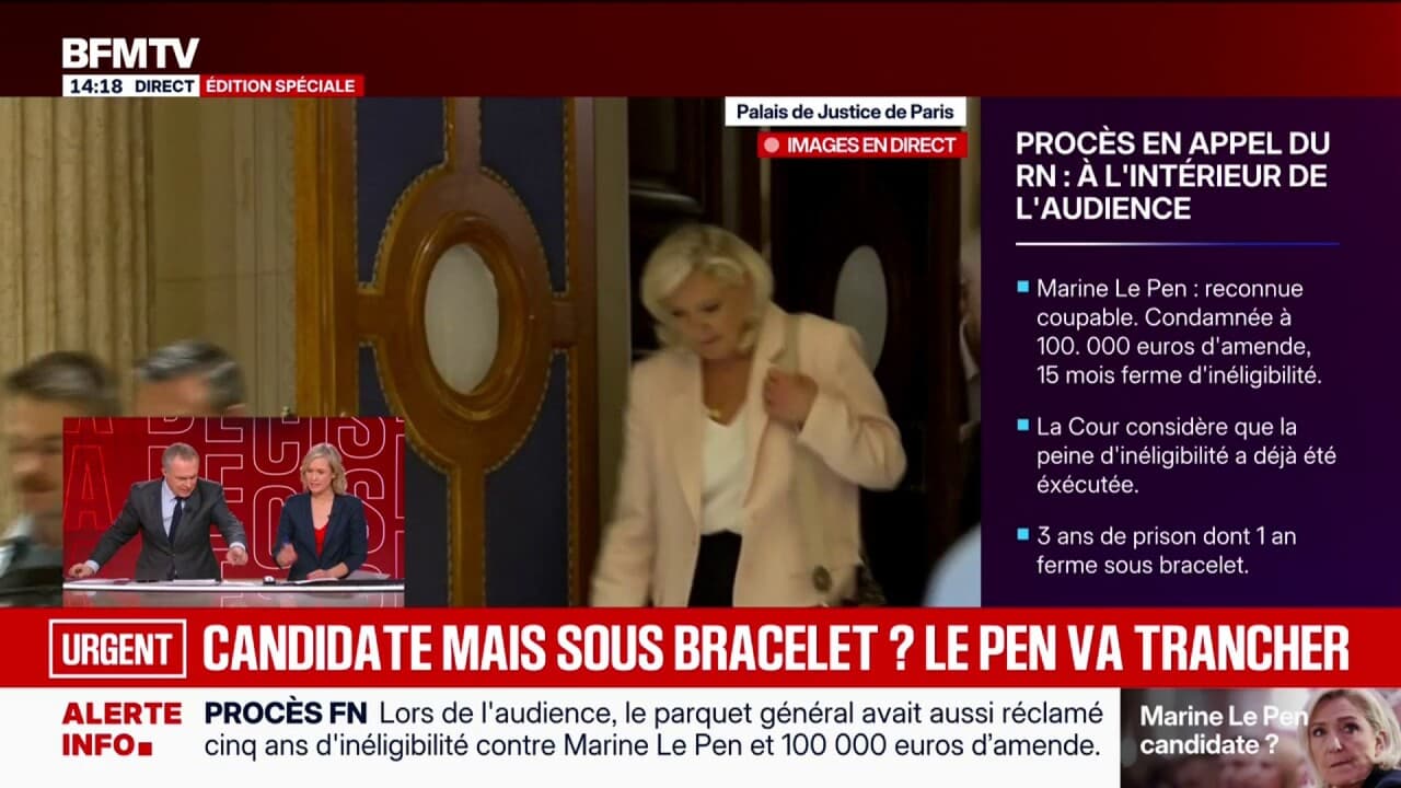 Procès en appel du RN: condamnée à 1 an de prison ferme sous bracelet électronique, Marine Le Pen quitte le palais de justice