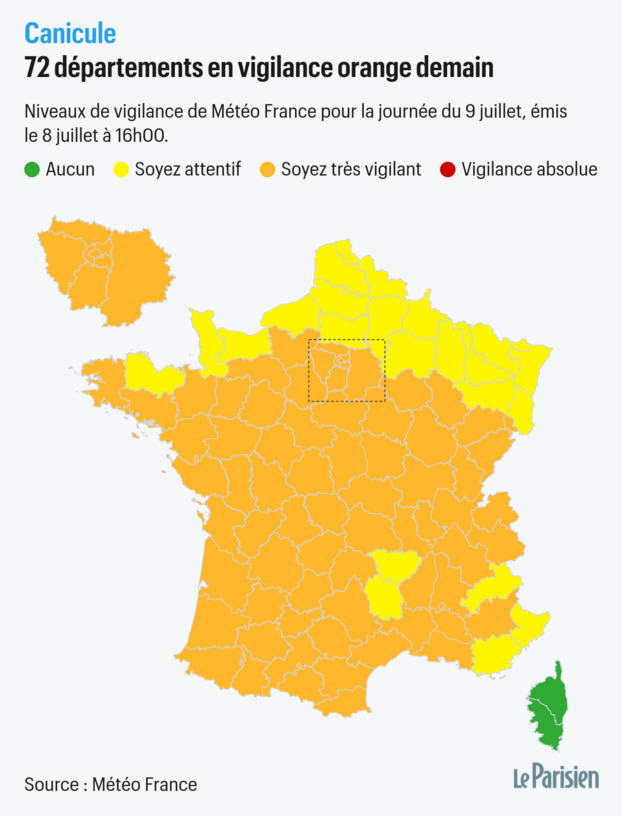 Canicule : 72 départements en vigilance orange pour jeudi, voici la carte des territoires concernés - Le Parisien