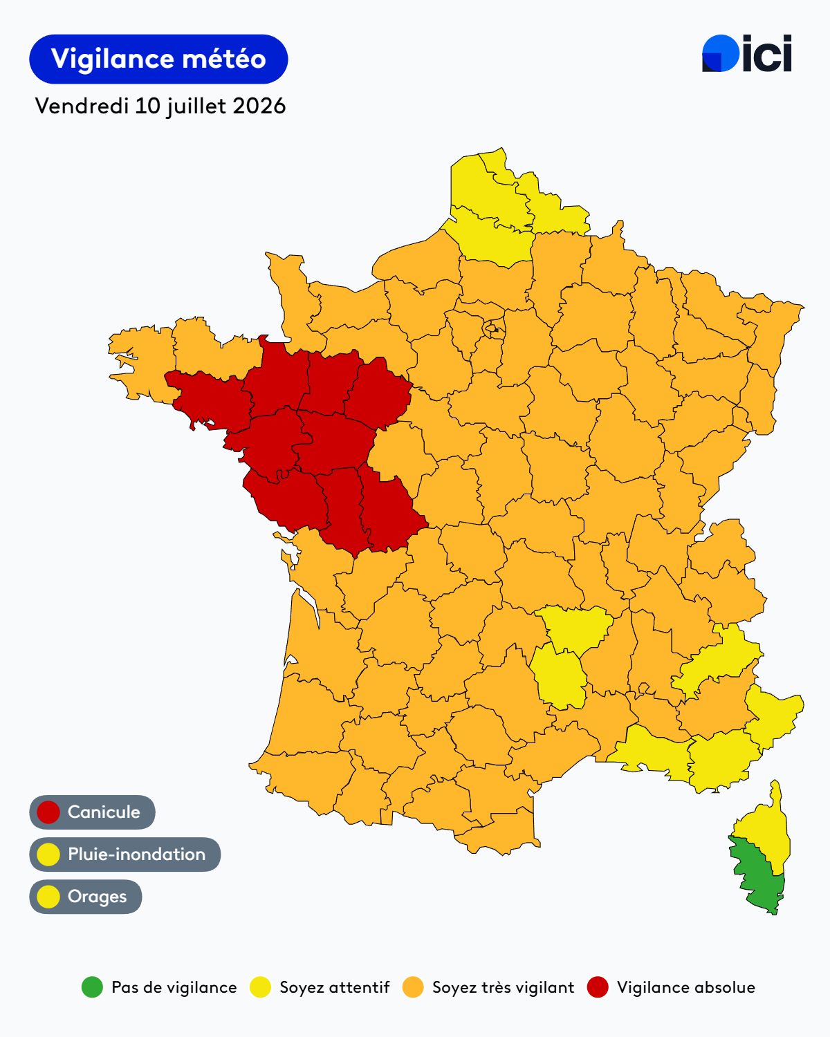 Canicule : neuf départements de l'Ouest en vigilance rouge ce vendredi, 76 départements en orange - ICI